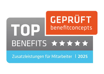 Benefitconcepts Siegel für das Jahr 2025, ein Qualitätszeichen für Zusatzleistungen zum Thema Mitarbeiter Benefits und Vorsorgemanagement.