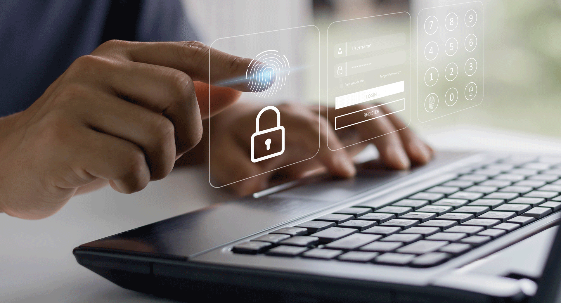 Schwebender Fingerabdruck über einer Tastatur, kombiniert mit einer transparenten Anmeldemaske und einem Zahlenfeld in weißer Schrift.
